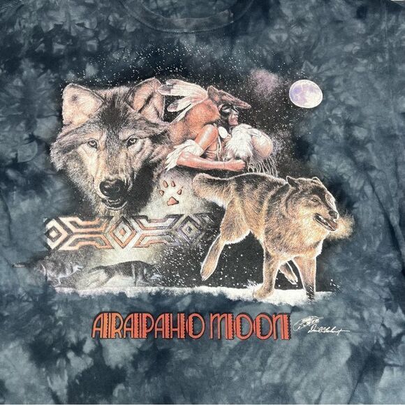 Vintage David Behrens Native American Arapahoe Moon Wolf Tie-dye Tshirt -L - Picture 3 of 4